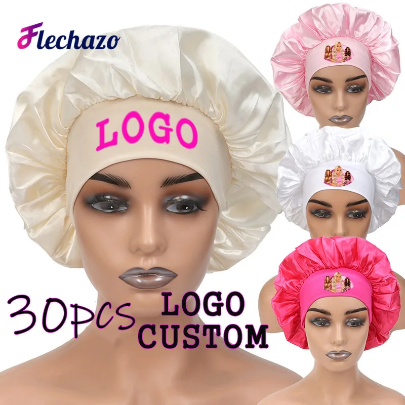 

30Pcs Head Bonnet For Sleep Logo Customize Hair Cover Bonnets For Women Soft Hair Healthy Satin Bonnets For Curly Wavy Hair