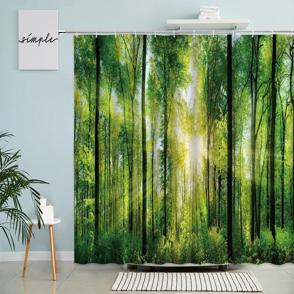 

Forest Scenery Shower Curtain Sunlight Trees Green Plants Misty Natural Landscape Bathroom Accessories With Hook Screen Washable