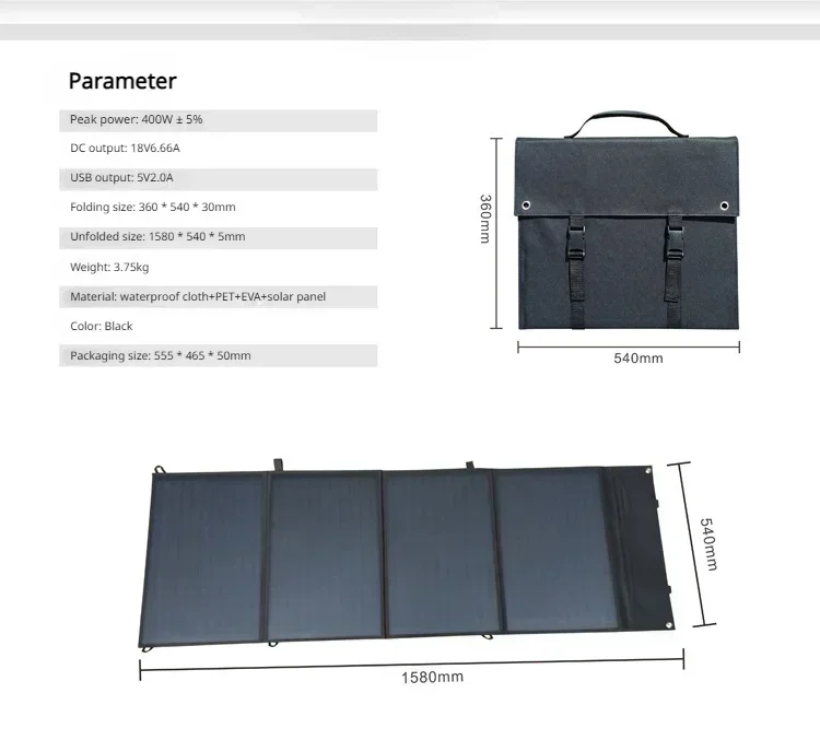 2023 New Folding 18V 400W Solar Panel USB Output Monocrystallinel Waterproof Solar Cells Folding Package with Support