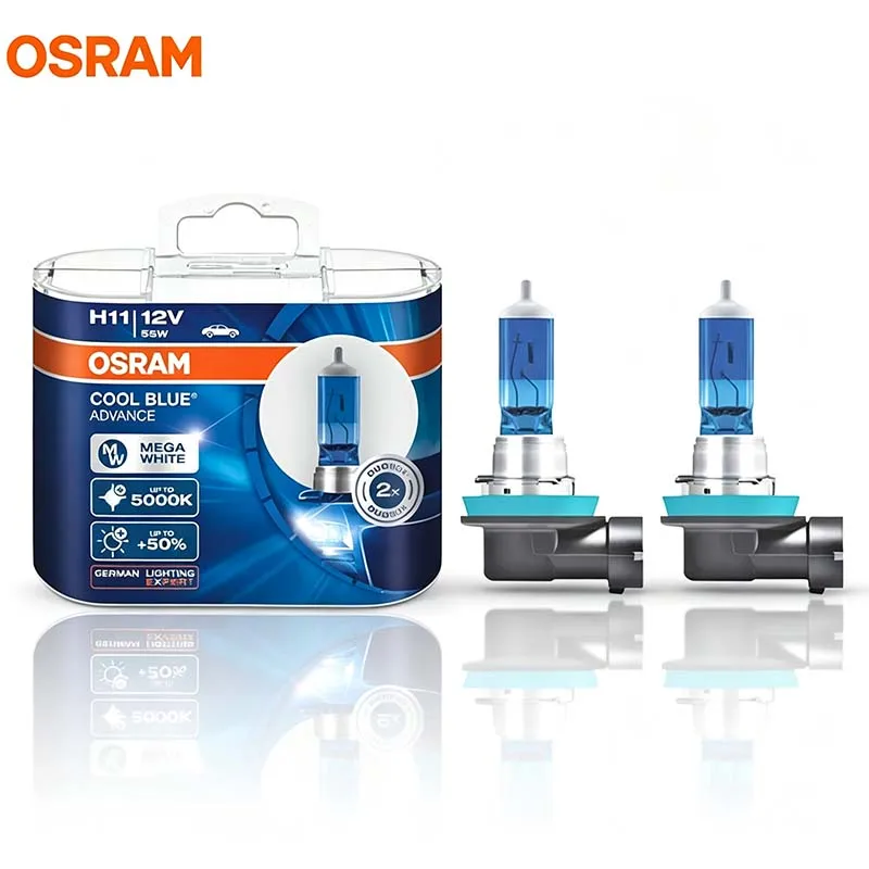 OSRAM H11 62211CBA Cool Blue Advance Halogen Bulbs 12V 55W 5000K Xenon White 50% Brighter OEM Auto Headlight Fog Lamp 1 Pair