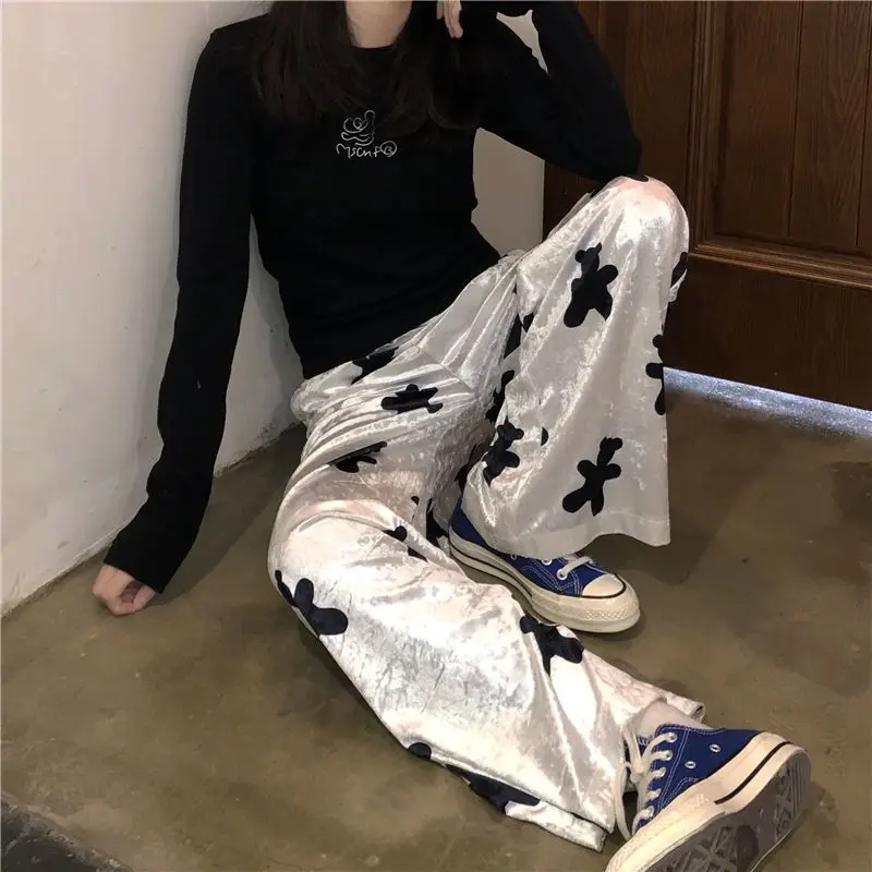 

Little Bear Straight Casual Women's 2024 Spring Autumn New Korean Edition Patchwork Pocket Fashion Printing Loose Draping Pants