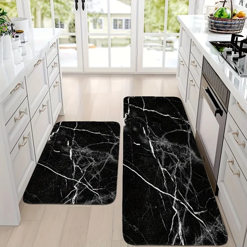 Black Marble Kitchen MATS, Decorative Carpets, Anti-Slip, Soft, for Bedroom, Living Room, Dining Room Carpets, Kitchen, Bathroom