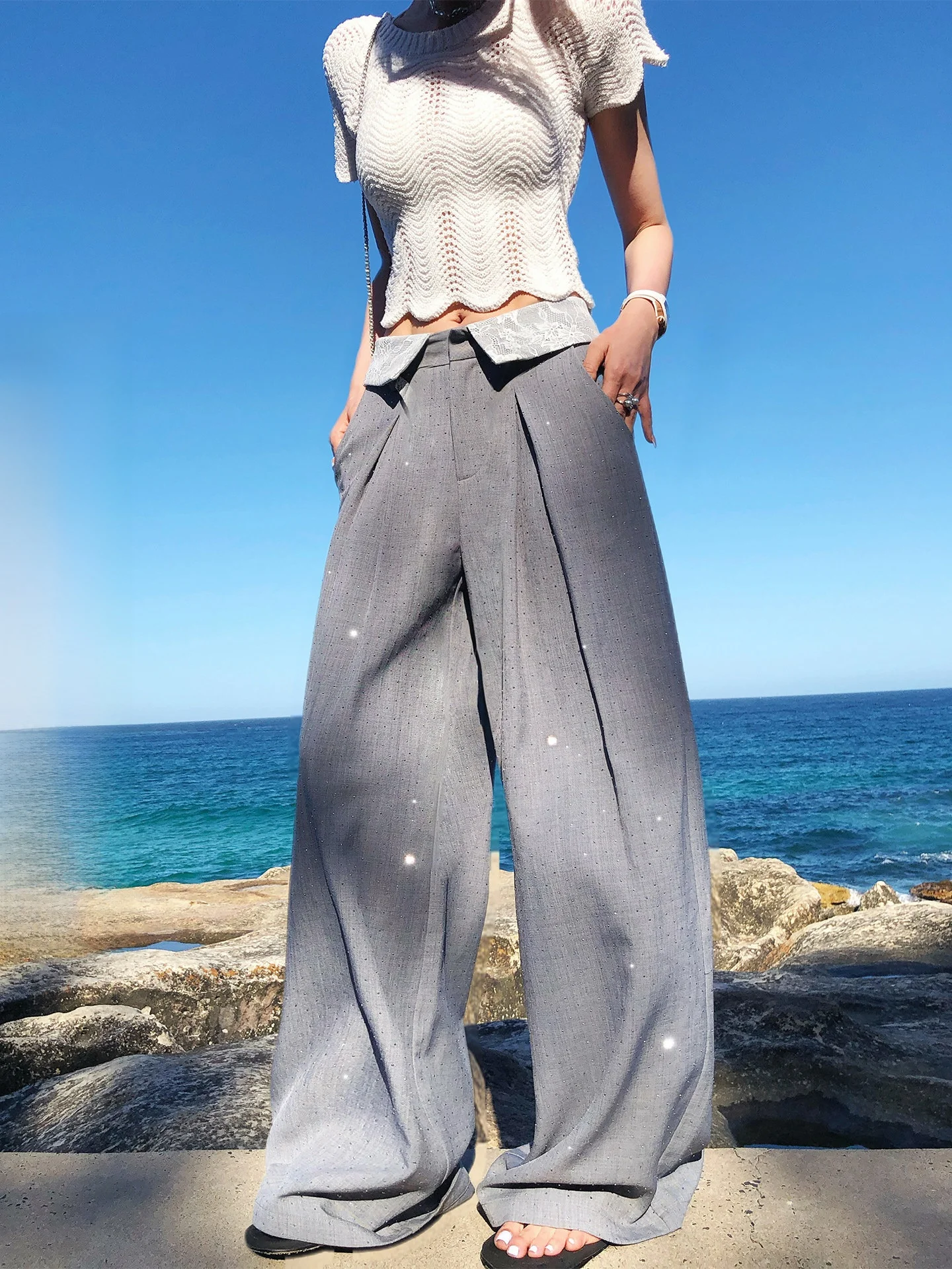 

Ele Lace Paneling Flared Casual Pants Women's Early Spring Faion Design Rhinestone Heat Transfer Dra Floor-Length
