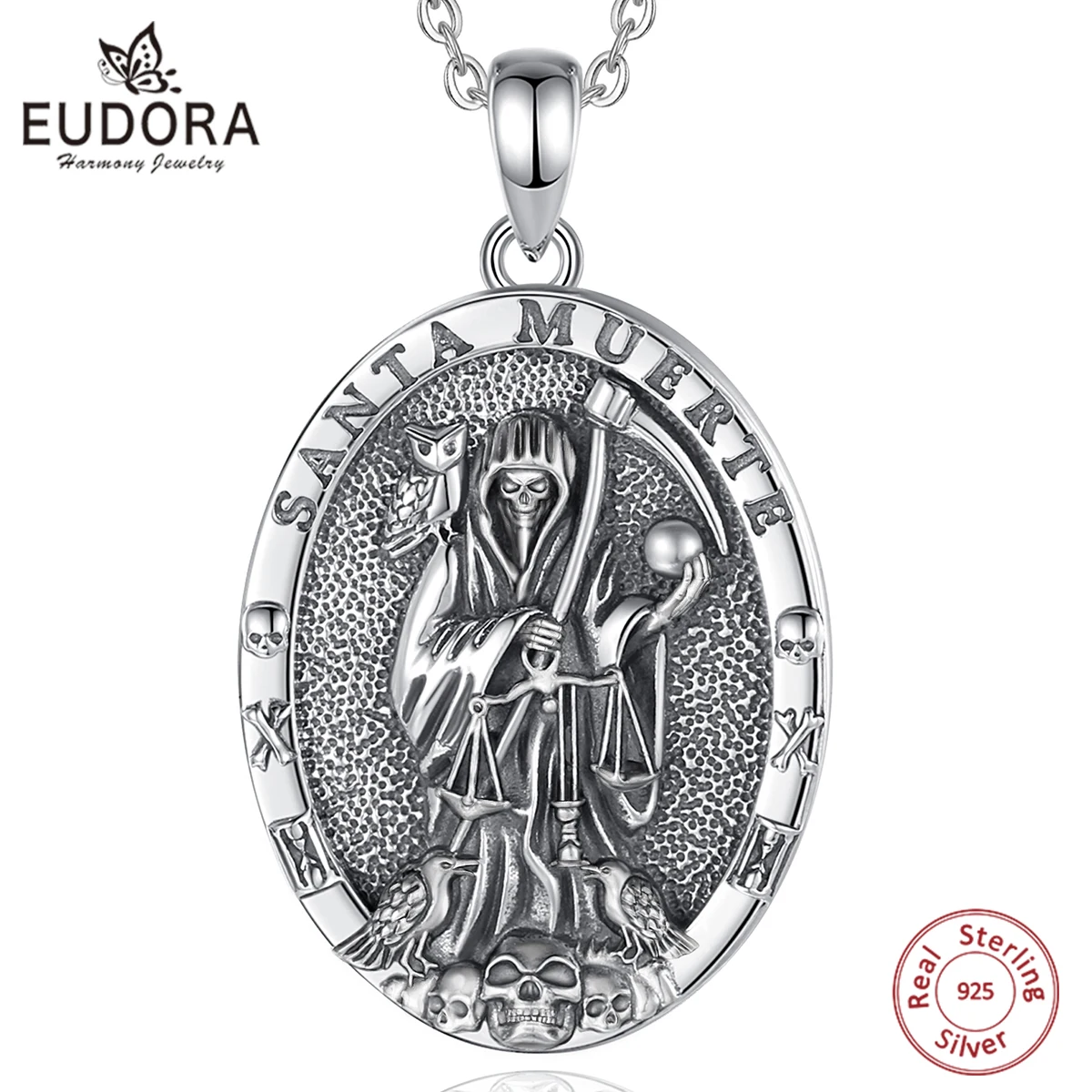 Eudora 925 Sterling Silver Santa Muerte Necklace for Women Man Holy Death Scythe Pendant Santa Muerte Jewelry Personality Gift