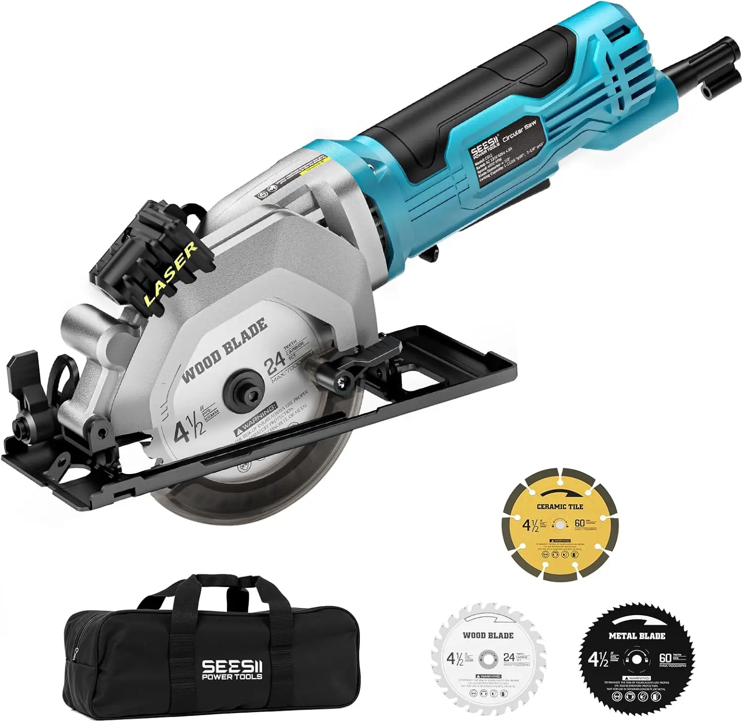 

Mini Circular Saw with Laser Guide, 4.8A 4000 RPM, Adjustable Depth and Bevel, 3 Blades for Wood, Metal, Tile Cutting
