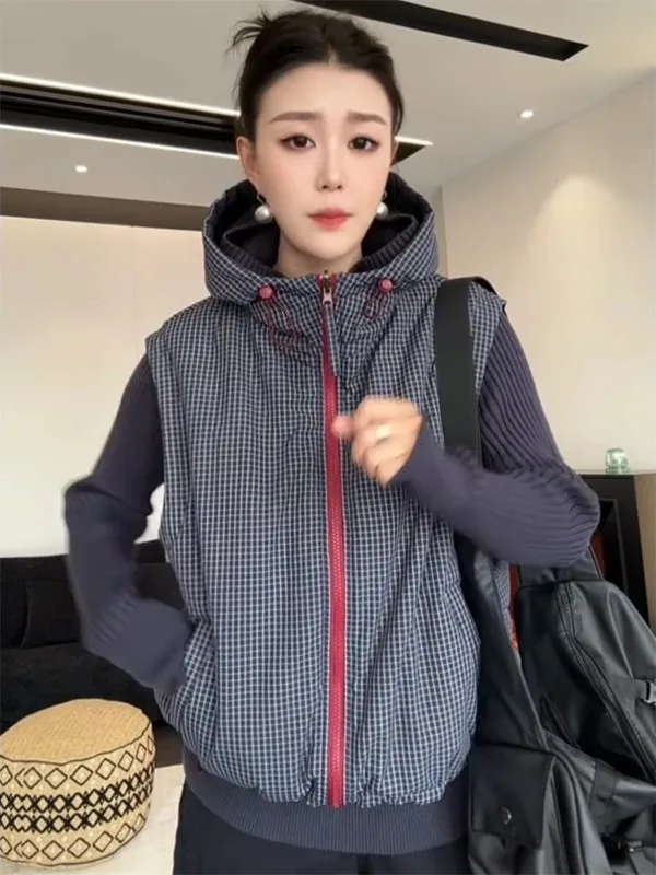 

Authentic Double-Sided Wear Plaid Hooded Vest Svel Jaet Casual Sle Women's Vest Comfortable Cotton Material