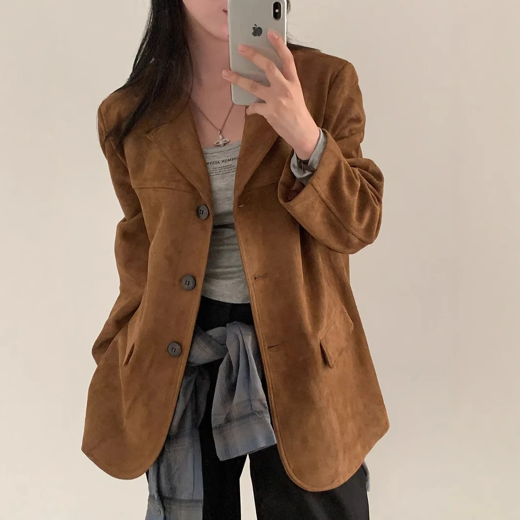 

Women Solid Tailored Coat Casual Jacket Pocket Turn Down Collar Long Sleeve Single Breasted Loose Fit Elegant Office Lady Autumn