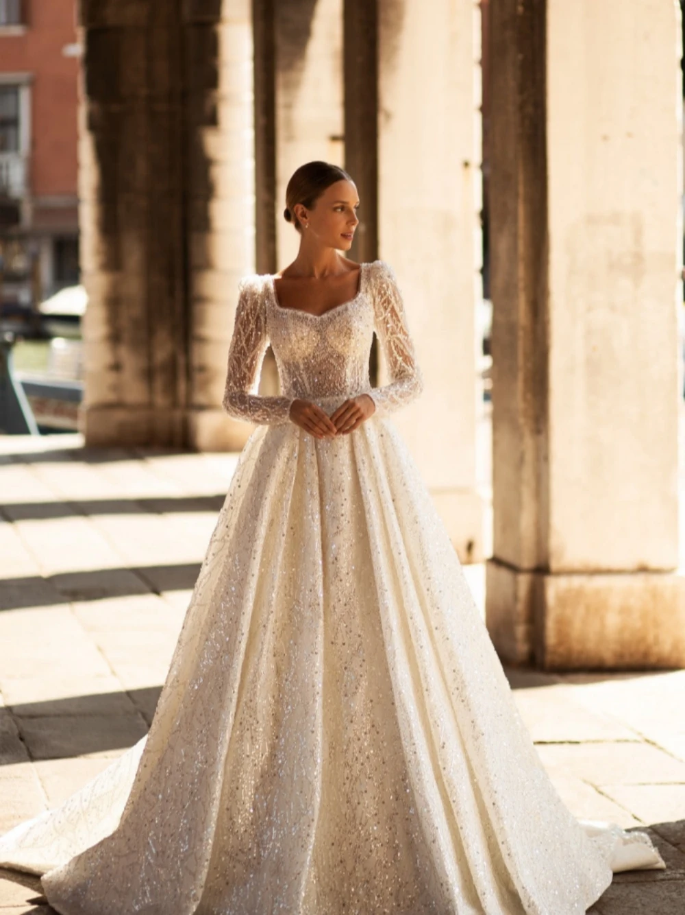 Vestido De novia romántico con escote corazón y manga abombada, vestido De lentejuelas brillantes para novia, vestido De baile elegante, vestido De novia