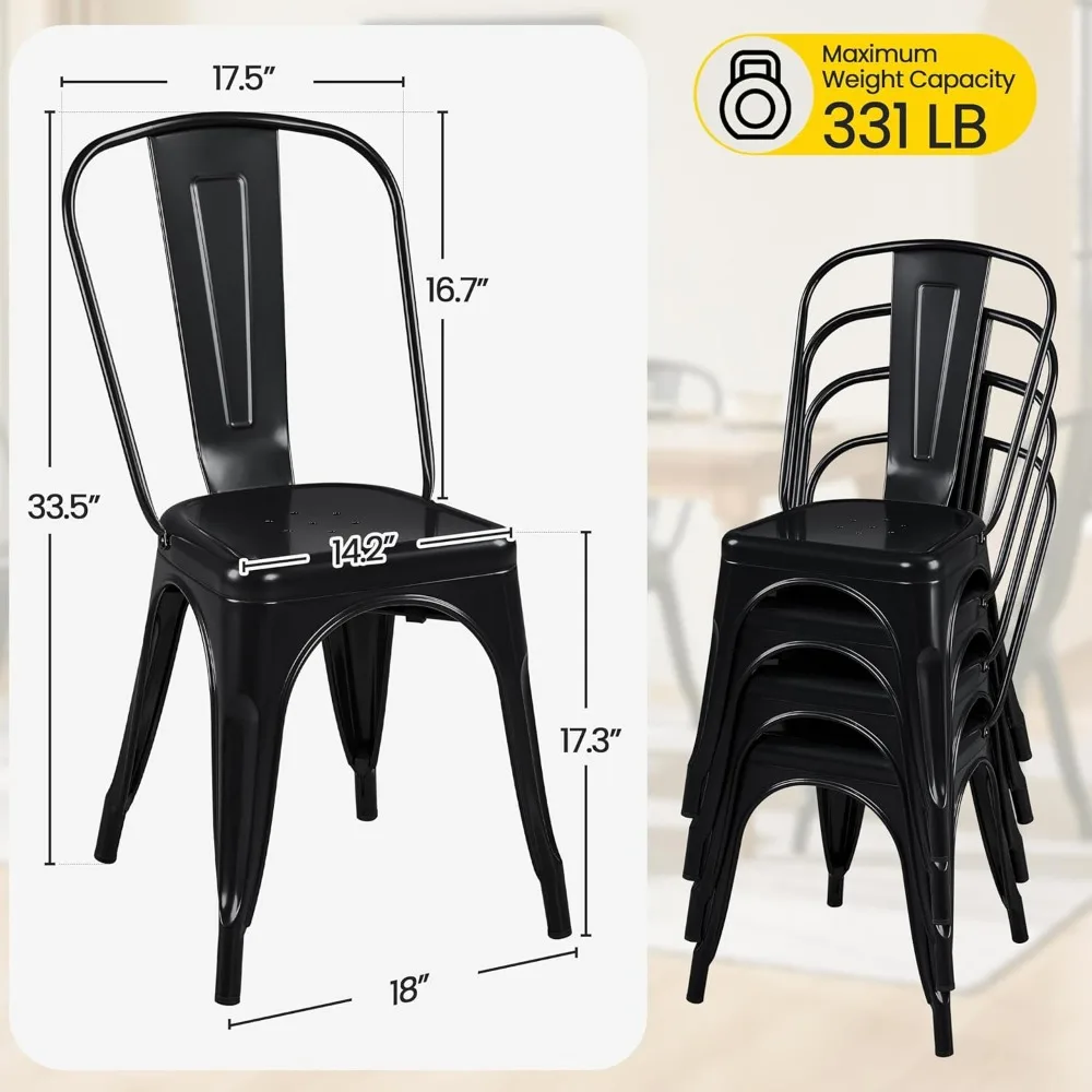 Industrial Stackable Metal Kitchen Chairs Set of 4 for Dining Rooms, Restaurants, Bistros, and Patios with Back Support