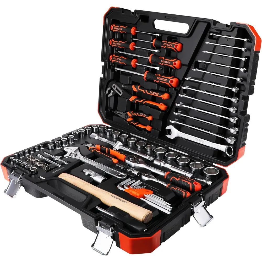 

Набор механических инструментов из 100 предметов, набор автомобильных инструментов, торцевой ключ Cr-V, комплект для ремонта авто, в комплект входят аксессуары для головок, плоскогубцы, тяжелый молоток