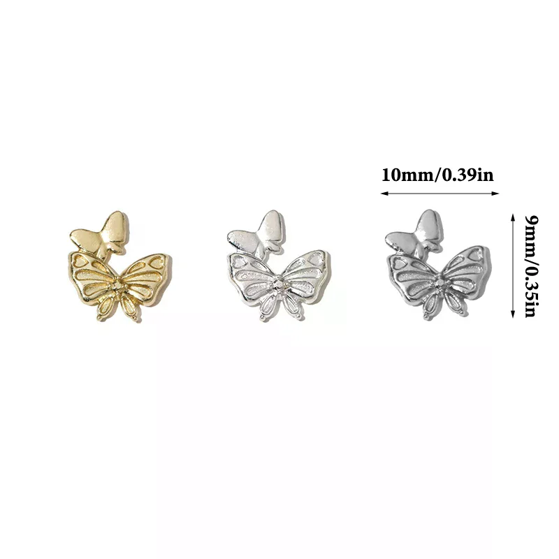 10 قطعة فراشة مزدوجة سبيكة مسمار الفن سحر الذهب/الفضة/الأبيض الأظافر زينة مجوهرات فاخرة ثلاثية الأبعاد مسمار الملحقات شقة الظهر #5