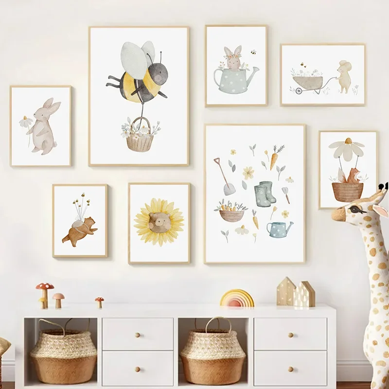 Boho Cartoon Farm Animals Wall Art Canvas Painting Rabbit Bear Bee Flower Posters and Prints Pictures for Baby Kids Room Deco