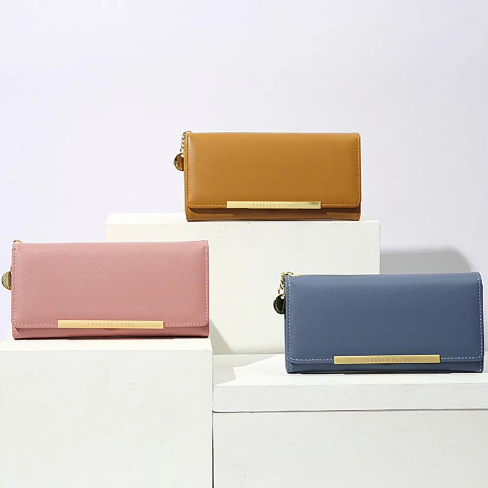 Embreagem portátil de couro PU para mulheres, bolsa longa monocromática, carteira com zíper, grande capacidade, moda feminina