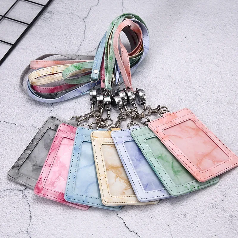 

1 Pcs PU Leather Card Cover Work ID Name Badge Holder Bank Business Credit Card Holder Students Bus Card Case with Lanyard