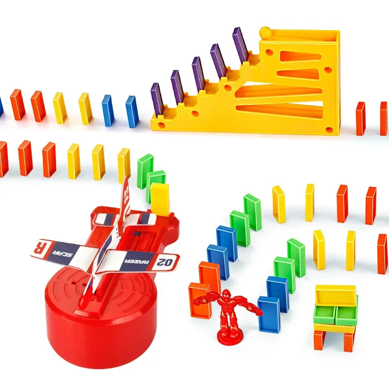 Domino Building Blocks with Aircraft Tracks - Children’s Train & Rocket Toy (STEM Learning Kit)