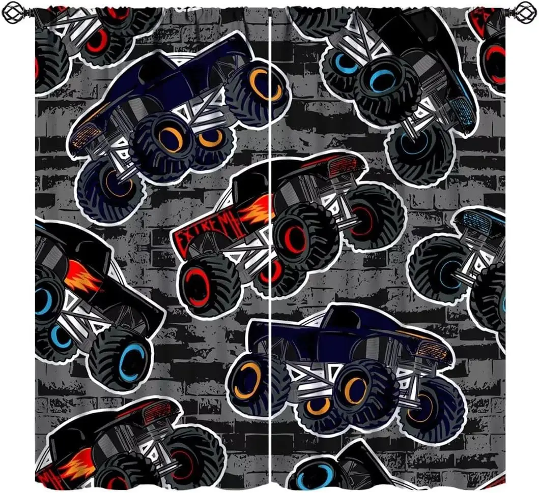 Monster Truck Curtains, Cartoon Truck Car Pattern On Grunge Shape Cracked Background, Spray Paint Texture Boys Style Print