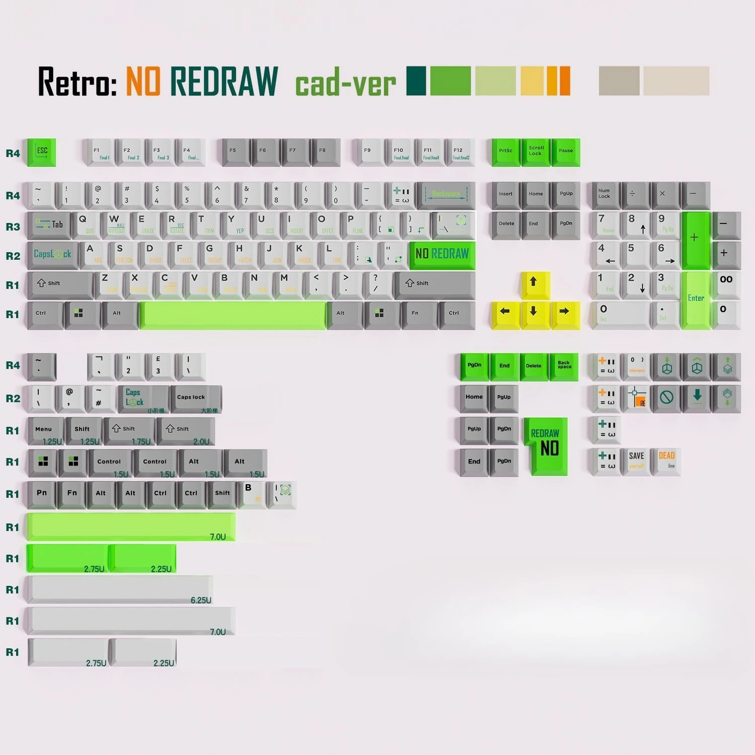 169 Keys CAD Retro Non-redrawn Keycaps Green Sublimation Cherry Height For DIY Machinery Keyboard