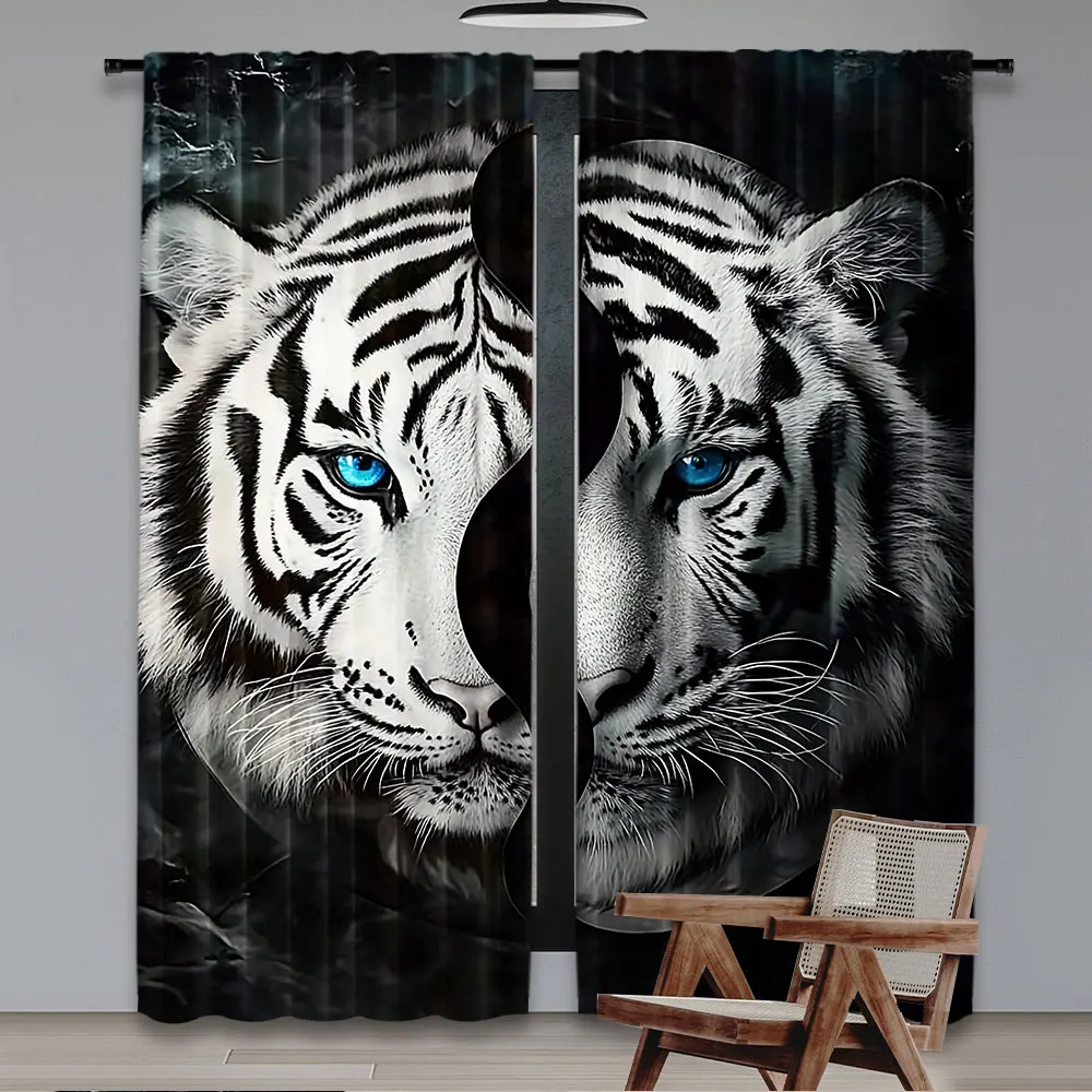 2Pcs Cool Tai Chi Tiger Pattern Curtains Fashion Chic Curtains Suitable For Bedroom Bathroom Living Room Dining Room Study Room