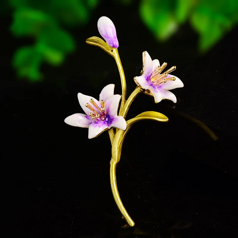 Chinese Style Enamel 3d Lily Brooch Exquisite Purple Floral Lapel Pin Lucky Auspicious Jewelry For Women Coat Dress Scarf Gift