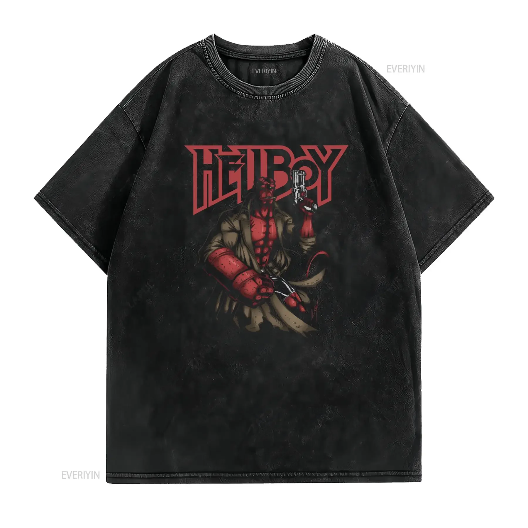 Cool Streetwear Comic Hellboy Print Casual T Shirt vintage Washed Slightly Soft homme Breathable Comfortable graphic Stretched
