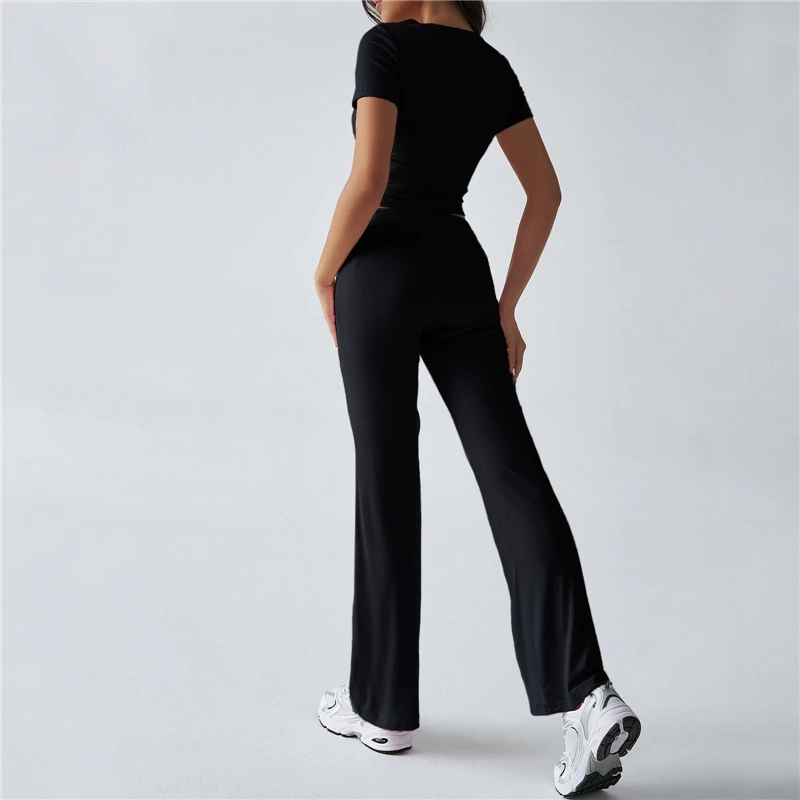 Feminino 2 peça outfits primavera verão casual cor sólida colheita manga curta henley camisa e cordão queimado calças conjunto streetwear