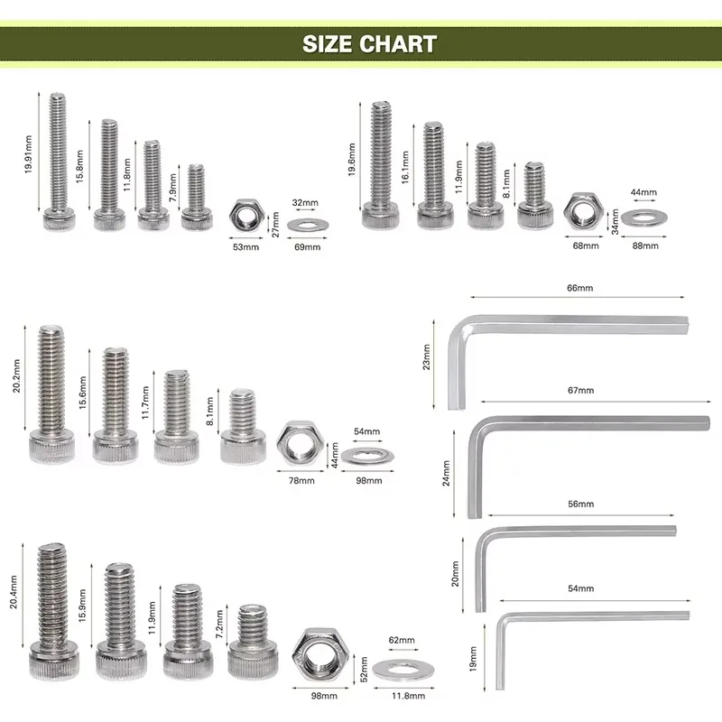 520pcs 304 Stainless Steel Screws M3 M4 M5 M6 Round Screws Hex Socket Button Head Allen Bolt Mechanical Screw Assortment Kit