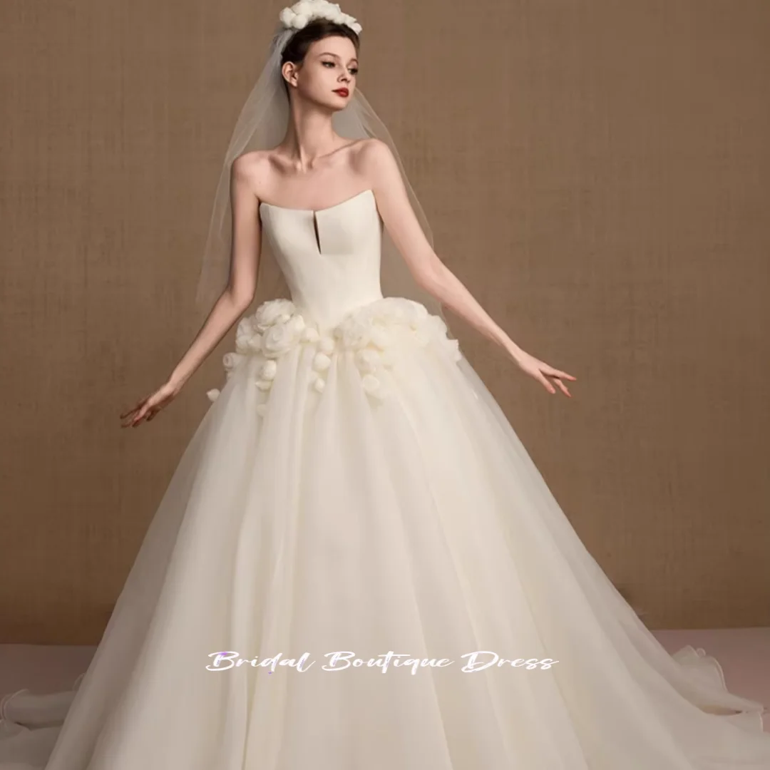 

Customized Exquisite Boat Neck sleeveless 3D flower Satin Off the Shoulder Wedding Party Dress Vestido De Noiva Train Bridal