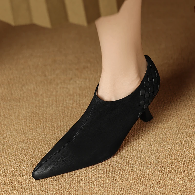 

Women Fashion New Genuine Sheepskin Leather Slip-on Casual Shoes Office Ladies High Heels Pointed Toe Side Zipper Stiletto Pumps