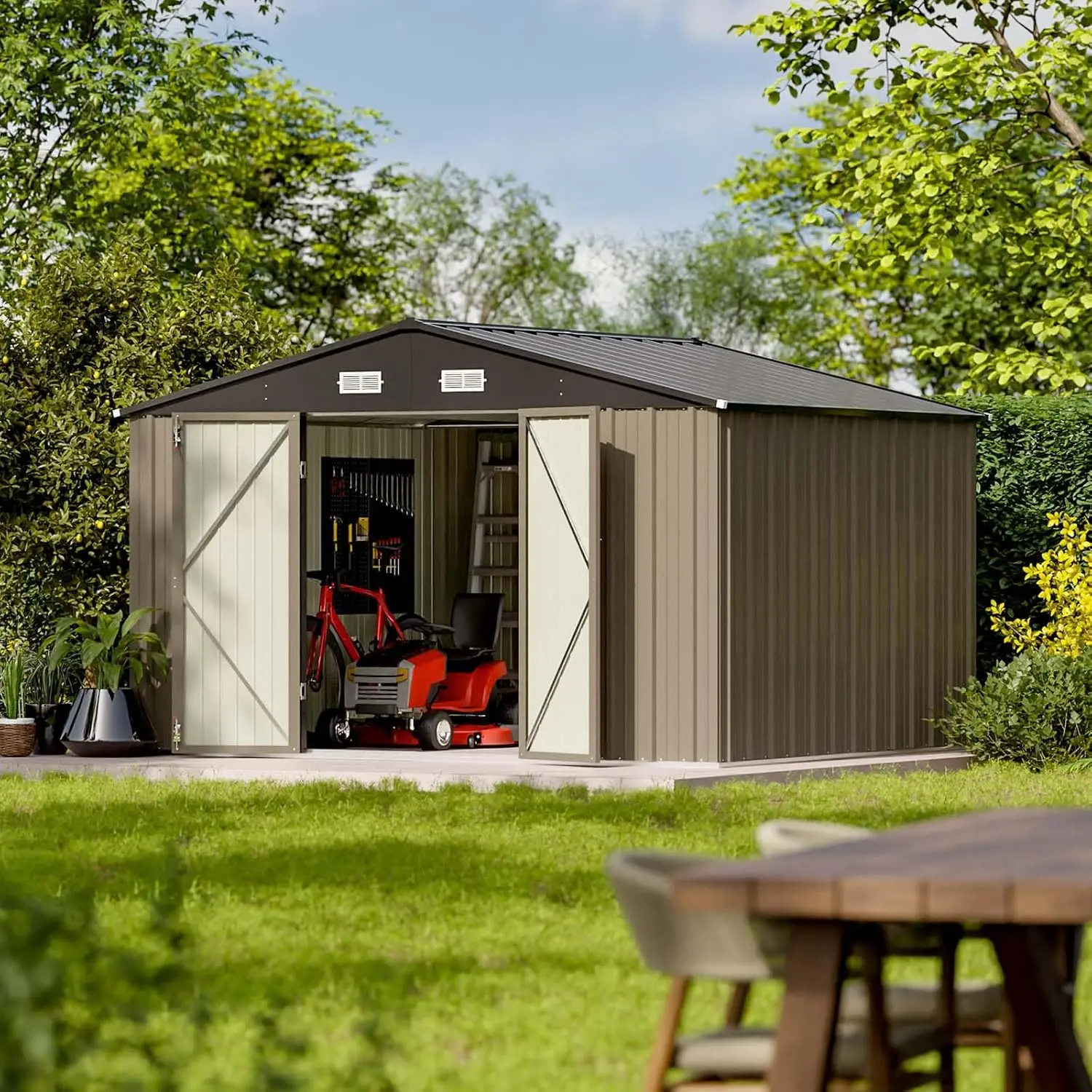 10 x 8 FT Outdoor Storage Shed, Large Garden Tool Metal Shed | with Sloping Roof and Double Lockable Door, Outdoor Shed, Custom