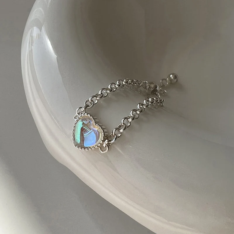 

925 Sterling Silver Geometric Heart Moon Stone Rings for Women Lover Girls Bohemian Romantic Adjustable Chain Personality Ring