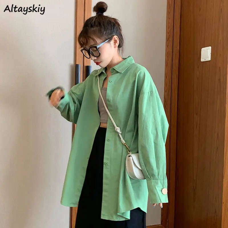 

Long Shirts Women Fashion Loose Solid Button Casual Korean All-match Autumn Camisa Classic College Tunic Tender Harajuku Green