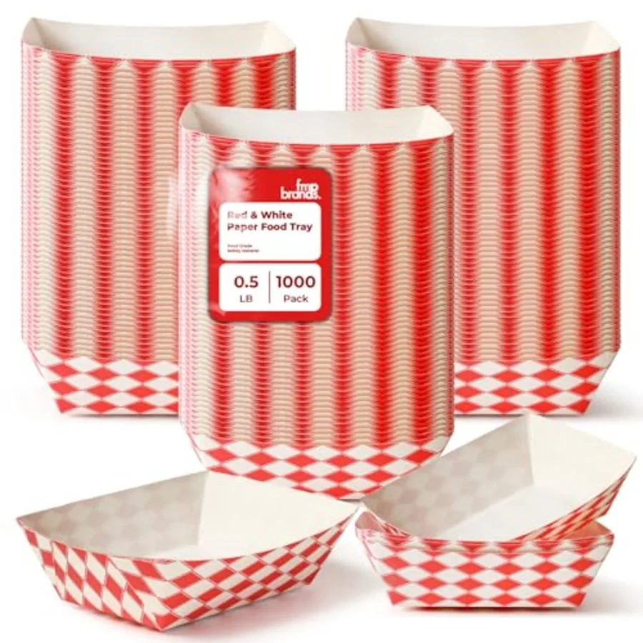 

1000 Pack 0.5 lb Paper Food Boats Heavy Duty Disposable Trays Red Check For Parties Fairs Picnics Carnivals Holds Ketchup Chees