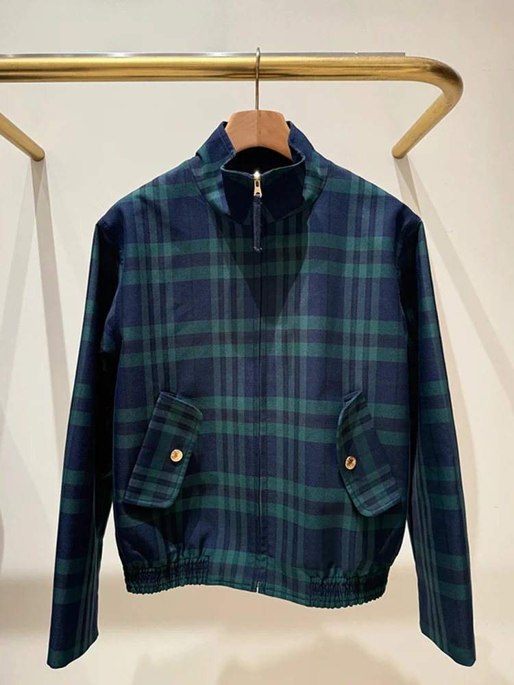 

Retro Early Spring Women's Jaet een Plaid Stand Collar Waist Cinched Zipper Sle Polyester Fiber Long Sve Coat