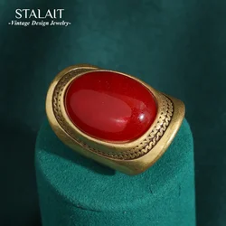 Luxury Vintage Smooth Egg Shape Natural Stone Red Rings Copper Material Micro Inlaid French Retro Jewelry Wedding for Women 2024