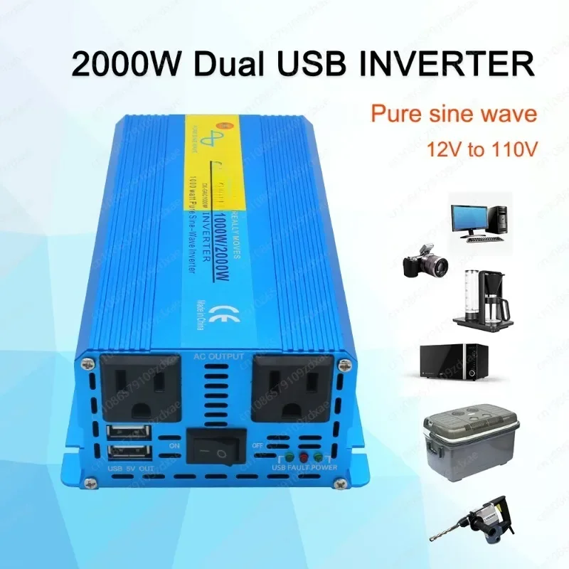 1000W/2000W Pure Sine Wave Inverter US Socket DC 12V/24V to AC 220V 110V 50Hz/60Hz Solar Power Converter Car Cigarette Lighter