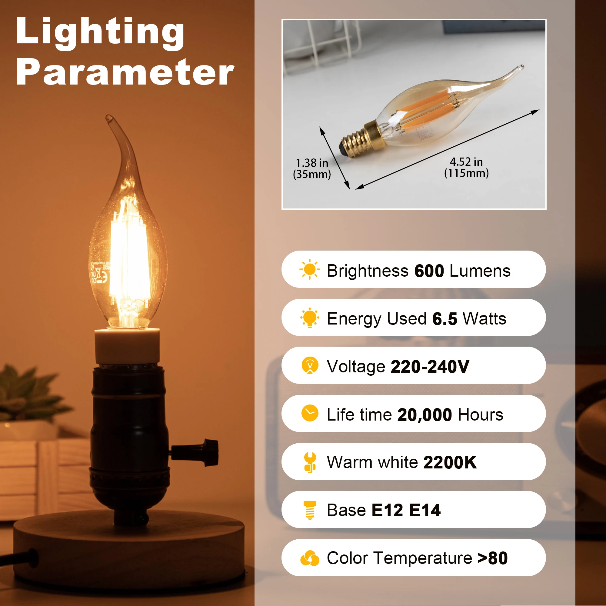 C35 Decor Led Gloeidraad Led Gloeilamp E14 Kandelaar 6.5W 220V Dimbaar Goud Tint Glas Retroe Vlam Staart Kroonluchter Kaars Lamp