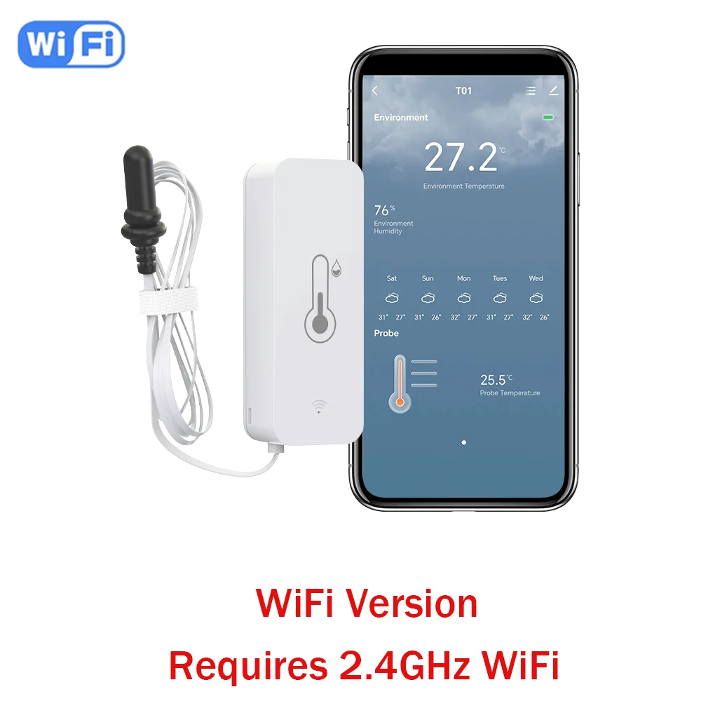 Tuya Zigbee WiFi Temperatur- und Feuchtigkeitssensor mit externer Sonde, hohe Genauigkeit, SmartLife-Fernüberwachung für Pflanzen, Aquarien, Pools