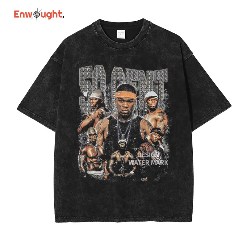 50 Cent T Shirt Hip Hop Rapper Singer Tops Tees Vintage Washed Short Sleeve Oversized T-shirt Harajuku Sweatshirts 100% Cotton