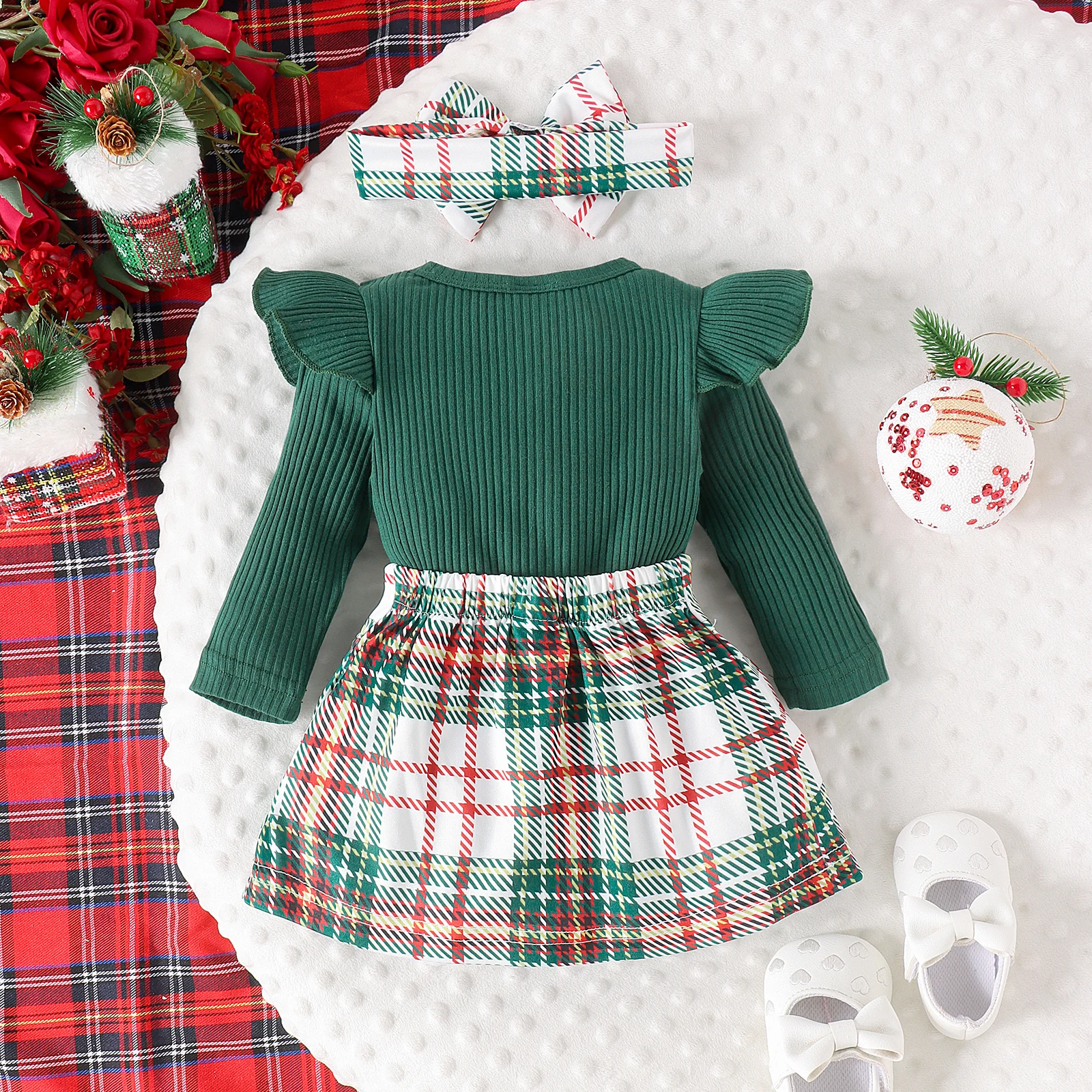 3PCS Autumn New Style 0-1 Year Old Girl Baby Fashion College Style Chunsen Long-Sleeved Suit + Plaid Skirt + Hair Band