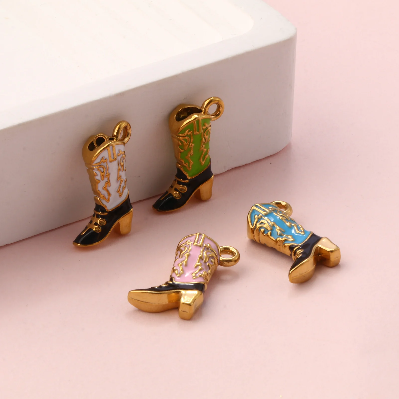 1 Piece 304 Stainless Steel West Cowboy Charms 18K Gold Plated Enamel Boots 3D Pendants For DIY Necklace Jewelry 19mm x 14mm