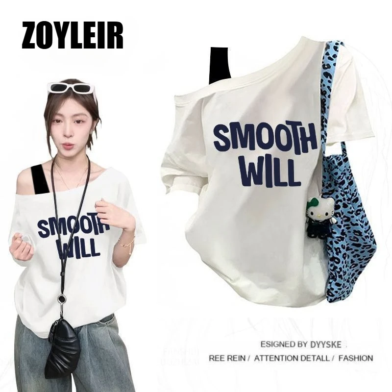 

Элегантная летняя женская футболка с одним открытым плечом, имитация двухслойности, оверсайз, с графическим принтом, короткий рукав, топ с открытыми плечами, спортивные повседневные футболки