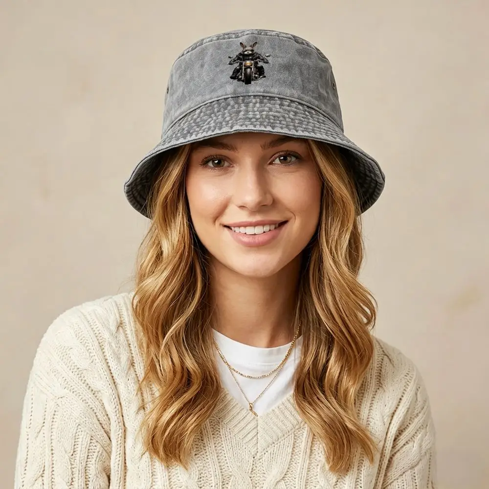 Motorcycle Riding Rabbit Bucket Hat Viscose Washed Fisherman Hat Outdoor Fishing Hat for Men Women Birthday Gift, Stylish, Cool,