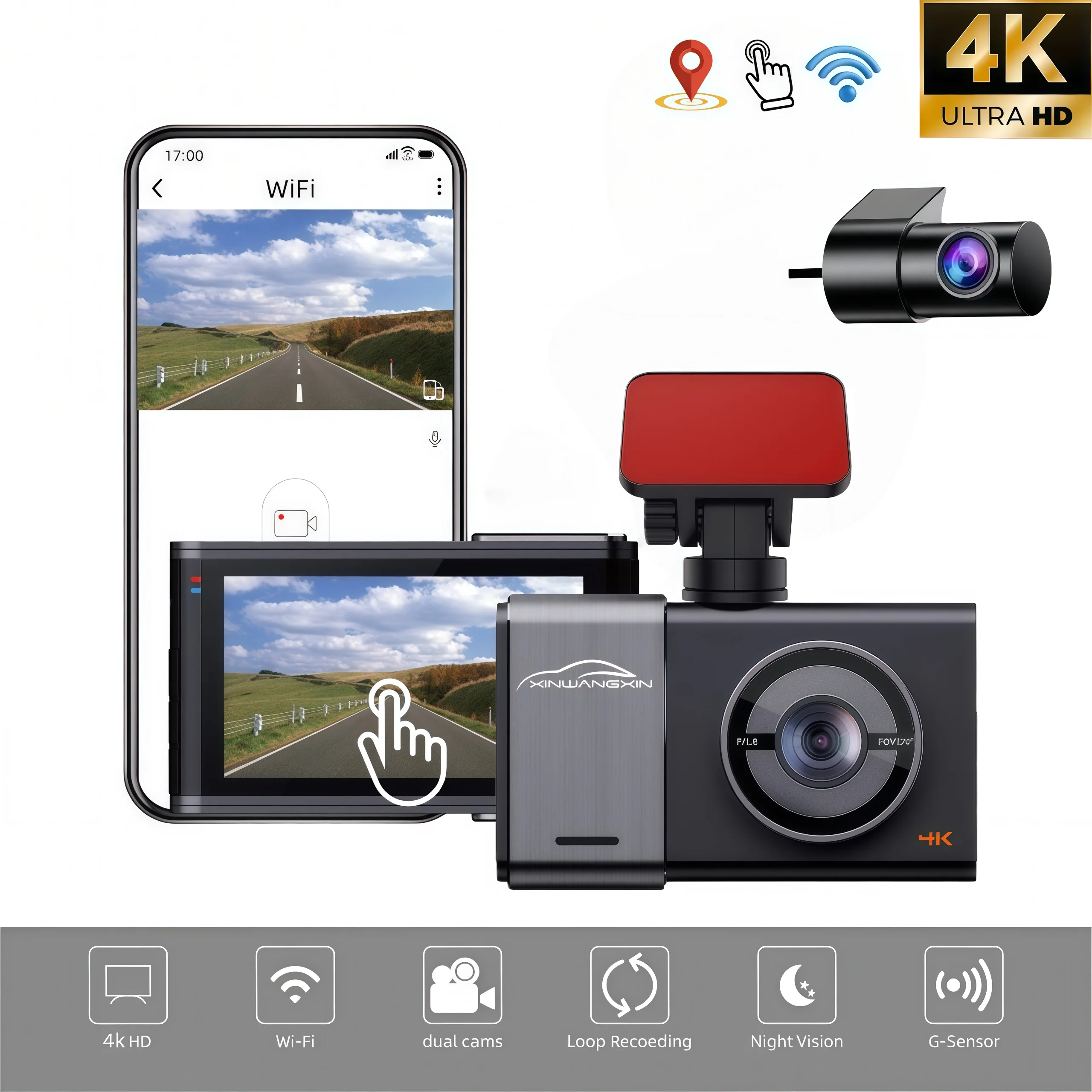 

4K High 3 Inch Definition Touch Screen Dash Cam Front and Rear, Included, 5.8GHz WiFi Dash Camera for Cars, G-Sensor, 170°Wide