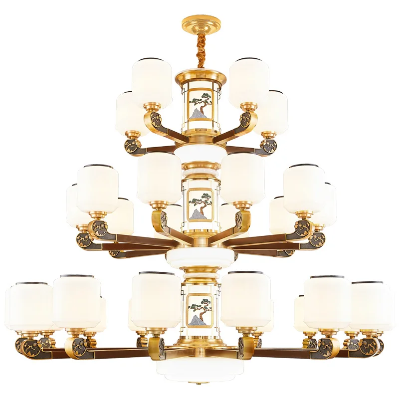 

New Chinese zinc alloy electroplated copper natural wood living room chandelier