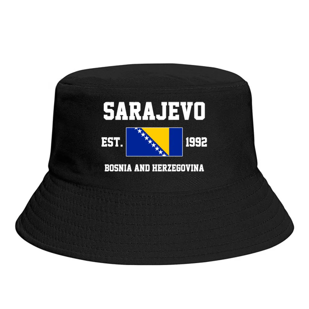 

Панамы Боснии и Герцеговины EST.1992 Sarajevo Эмблема Флаг Солнцезащитный козырек Прохладные уличные летние рыбацкие шапки Рыболовная шапка