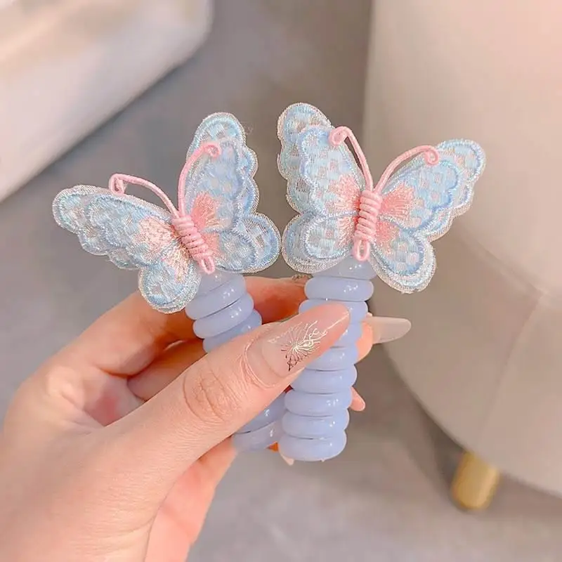 2PC Embroidered Butterfly Telephone Wire Line Hair Ties Girls Ponytail Holder Rubber Band Elastic Hair Band DIY Hair Accessories image 2