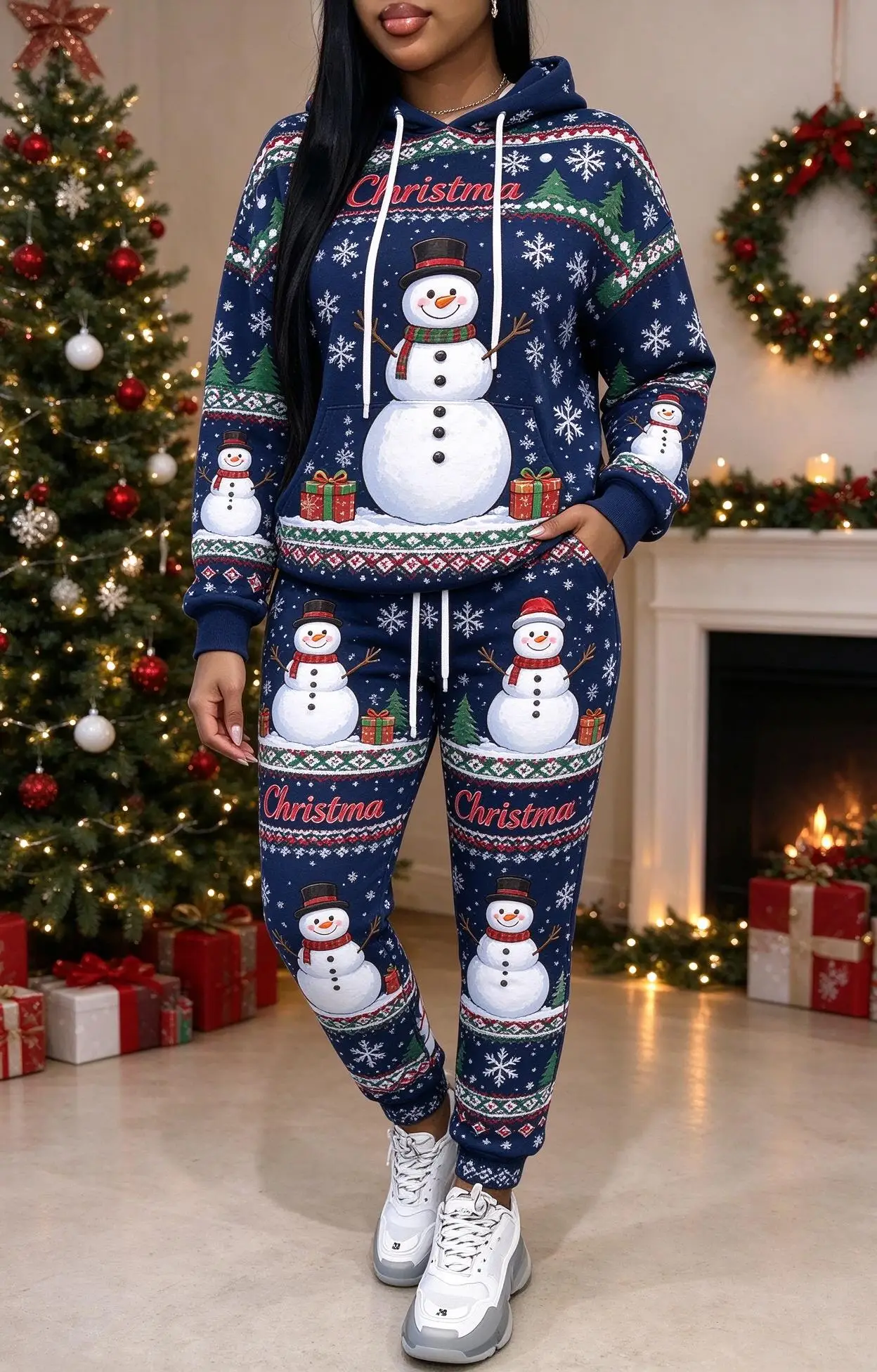 Women Christmas Santa Reindeer Print Hooded Tracksuit, Long Sleeve Hoodie & Cuffed Jogger Pants 2 Piece Outfit view 4