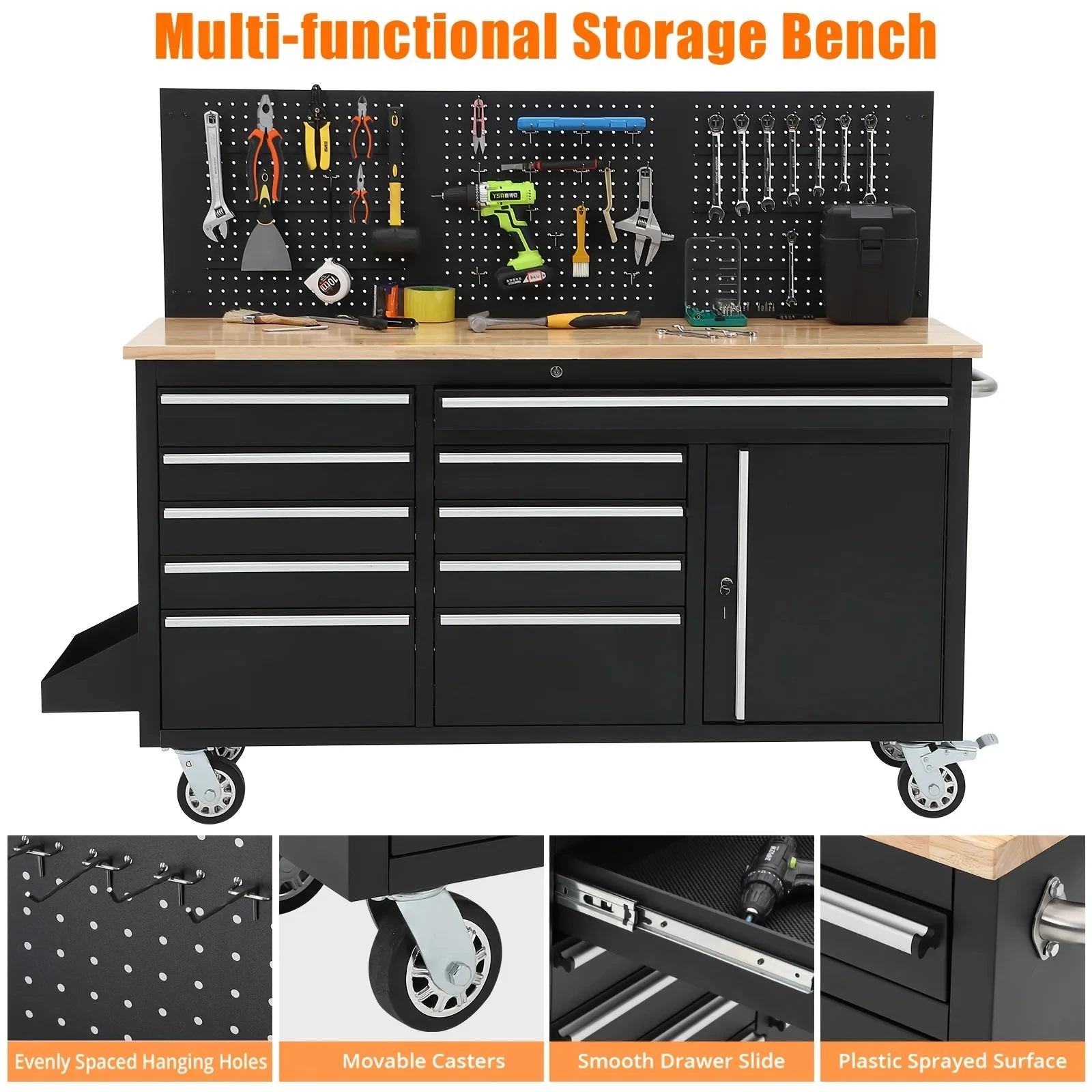 61" Heavy Duty Rolling Workbench with Solid Rubber Wood Top, Mobile Cabinet Workstation, 2000 LBS Load Capacity