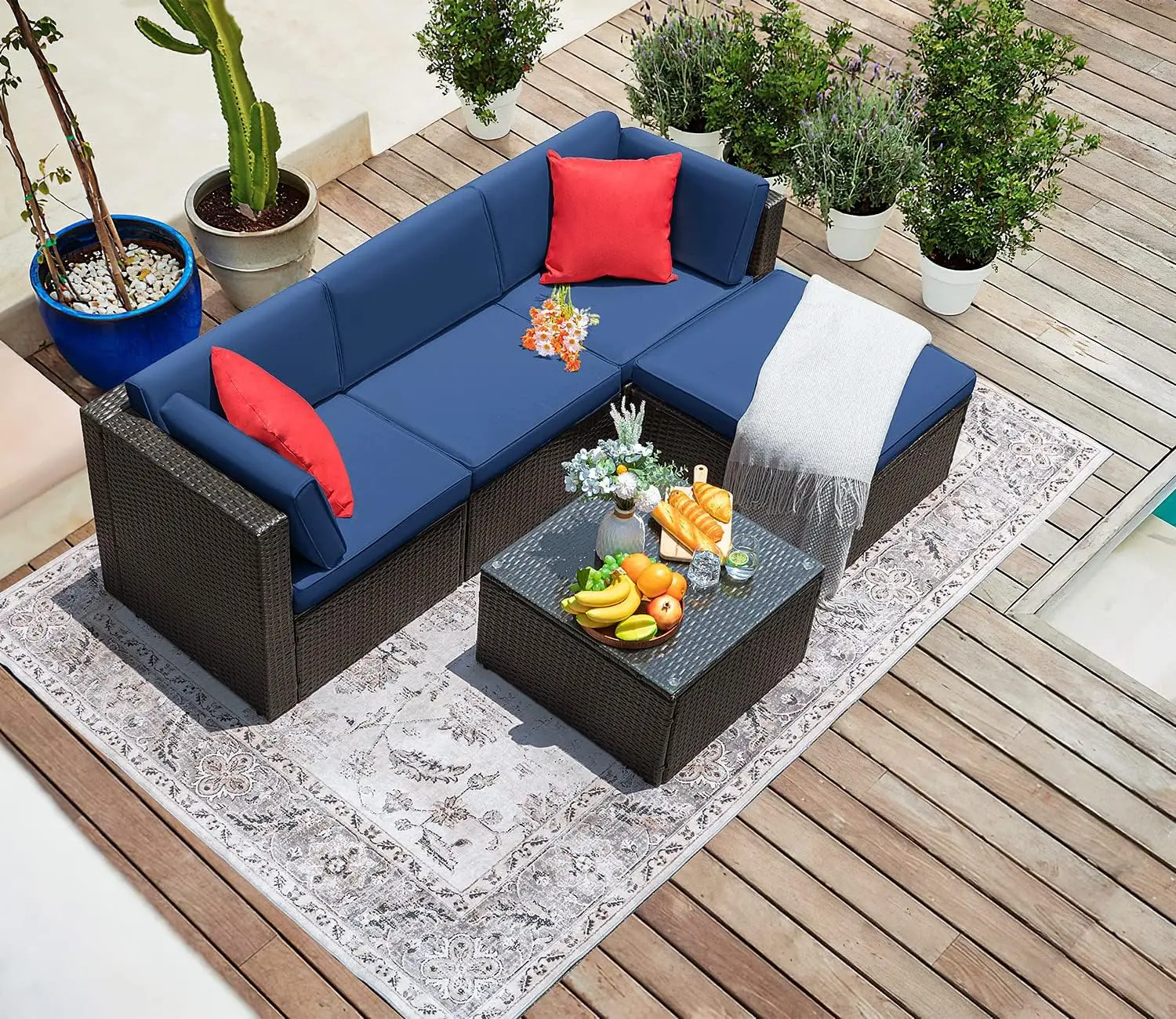 

Thick Cushions & Tempered Glass Table Patio Couch Conversation Set for Deck, Porch, Terrace (Navy Blue)