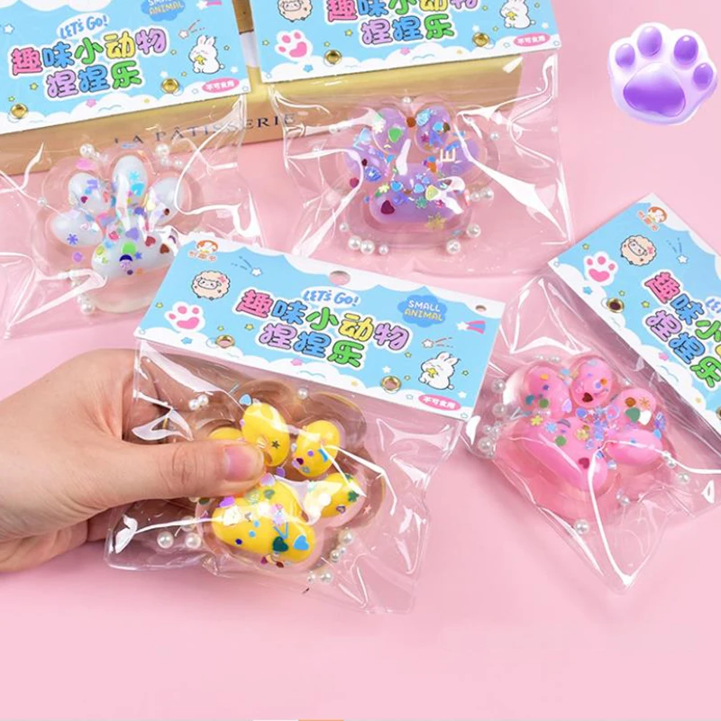 Cute Colorful Glitter Transparent Cat Paw Stress Relief Decompression Toys Slow Rebound Squeeze Toy For Kids Adult Gift